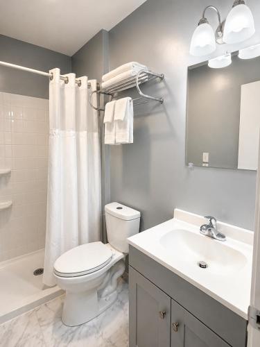 a bathroom with a white toilet and a sink at Mark Twain Motor Inn in Elmira