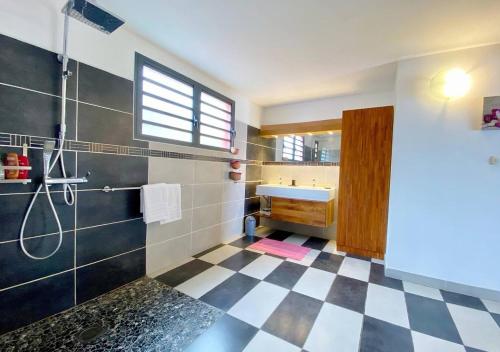 a bathroom with a sink and a shower at Villa TheOceane in Les Avirons