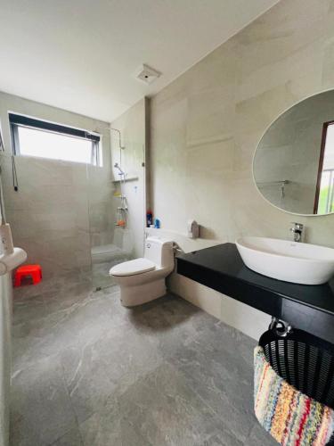 a bathroom with a sink and a toilet and a mirror at VILLA 3 CHAMBRES a partager in Nathon Bay
