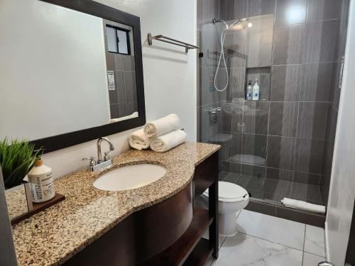 a bathroom with a sink and a shower and a toilet at Modern Apartment in Rosarito