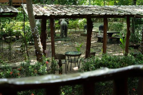 a garden with a pergola and a table and chairs at Akchanok Homestay - Nature Retreat in Phitsanulok