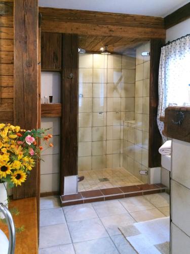 a shower with a glass door in a bathroom at Romantikzimmer Jakobbauer in Turnau