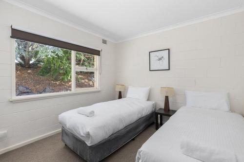 two beds in a white room with a window at Rock On in Jindabyne