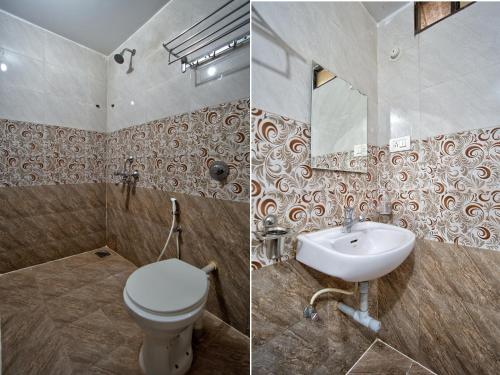 two pictures of a bathroom with a toilet and a sink at Hotel bright house in Calangute
