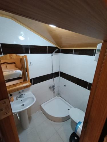 a small bathroom with a sink and a toilet at Long Lake pansiyon in Uzungöl