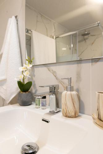 a bathroom sink with a soap dispenser and a mirror at Εlysian III in Mavrovouni