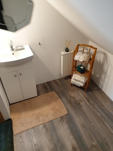 a bathroom with a sink and a shelf with towels at Zacišių Sodyba in Karalgiris