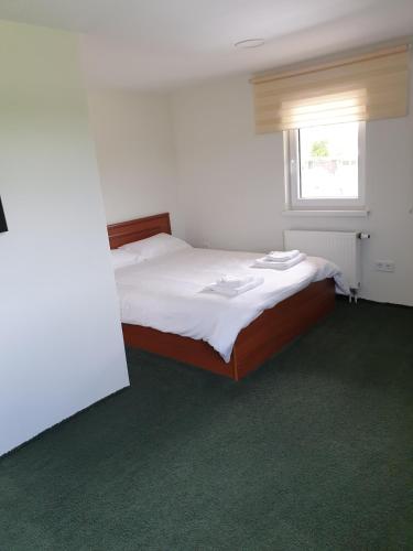 a bedroom with a bed with a window and green carpet at Zacišių Sodyba in Karalgiris