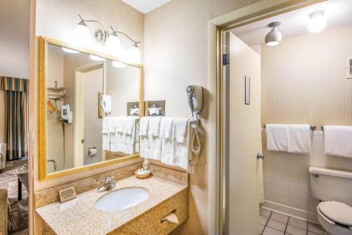 a bathroom with a sink and a mirror and a toilet at Clarion Inn Grand Junction Airport in Grand Junction