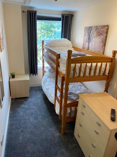 a bedroom with two bunk beds and a window at Bide a Sea in Gorleston-on-Sea