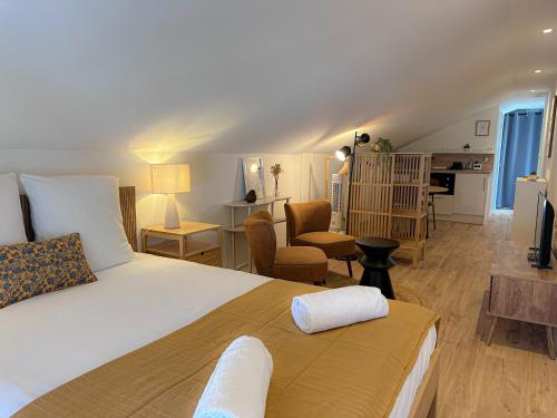 a bedroom with a bed and a living room at Appartement Cosy avec parking à proximité de la Gare et de toutes les commodités in Orléans
