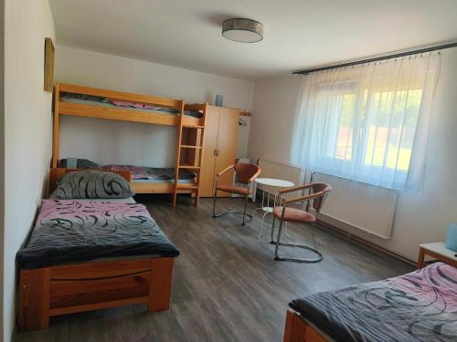 a bedroom with two bunk beds and a table and chairs at Vila Rybníček in Brada