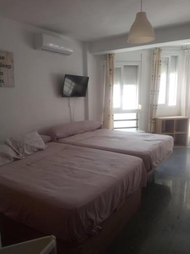 a bedroom with two beds and a flat screen tv at Estudio Plazamar in Torre del Mar