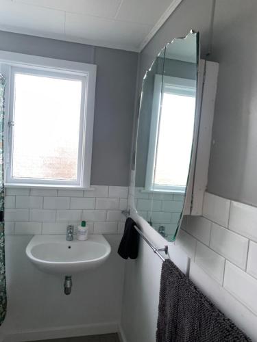 a bathroom with a sink and a mirror at Cooper's Cottage in Nelson