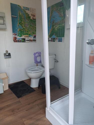 a bathroom with a toilet and a map on the wall at Gîte - La Ferme à la Plage in Le Porge
