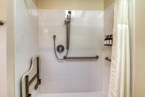 a bathroom with a shower stall with a shower curtain at Crooked River Ranch Cabins in Terrebonne