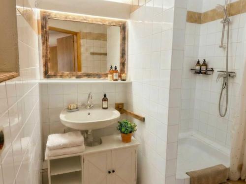 a bathroom with a sink and a shower and a mirror at Domaine de Marmonfosse in Taintrux