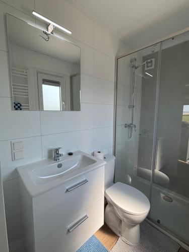 a bathroom with a sink and a toilet and a shower at Chalet Wad'n Droom in Westerland