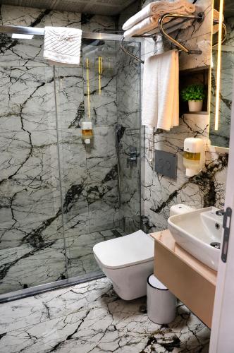 a bathroom with a shower and a toilet and a sink at Alpek Hotel Antalya - Lara in Antalya