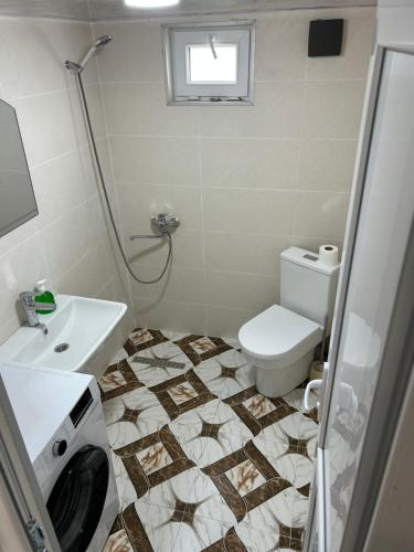 a bathroom with a toilet and a sink and a shower at Kostas guest house in Borjomi