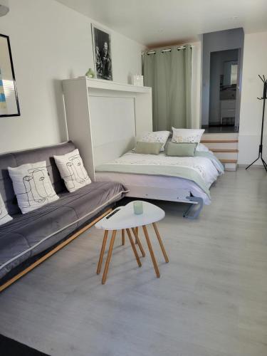 a living room with two beds and a table at Studio cosy Climatisation, terrasse privée, parking devant la maison in Nevers