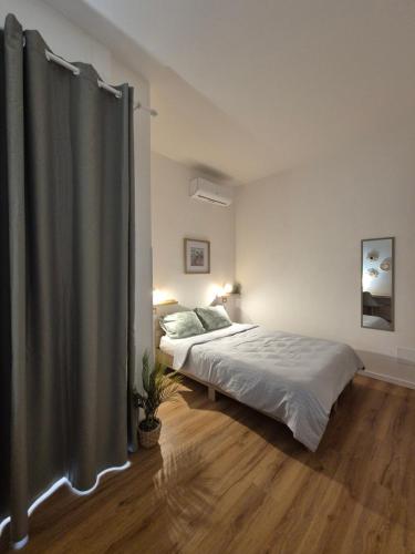 ein Schlafzimmer mit einem Bett und einem Duschvorhang in der Unterkunft Civico181 in Cisterna di Latina