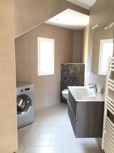 a bathroom with a sink and a washing machine at Résidence San Pancraziu in LʼÎle-Rousse