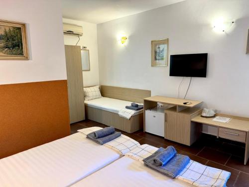 a room with two beds and a desk and a television at Vila Alga in Sulina