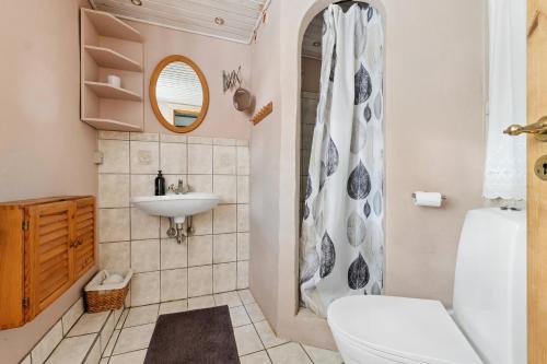 a bathroom with a toilet and a sink at Charming 45 M House In Peaceful Setting in Gelsted