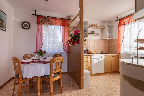 a kitchen with a table and chairs in a kitchen at Apartma Breza in Kojsko