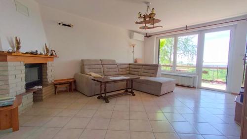 a living room with a couch and a fireplace at Apartma Breza in Kojsko
