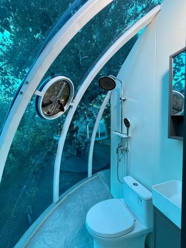 an aquarium themed bathroom with a toilet and a sink at Under the Stars Domes in Shkodër