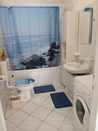 a bathroom with a toilet a sink and a washing machine at Apartments Smokva in Opatija
