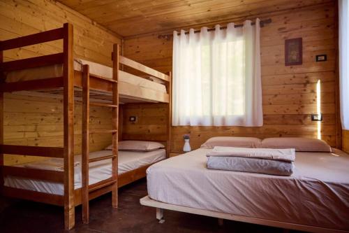 two bunk beds in a log cabin with a window at Captain's House in Mollʼ e Shoshit