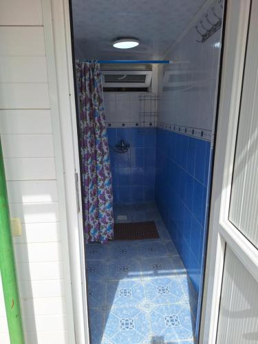 a bathroom with a shower with a blue tiled floor at Сакура in Cholpon-Ata