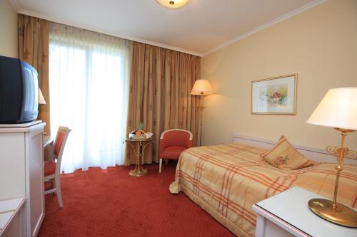 a hotel room with a bed and a television at Hotel im Park in Bad Radkersburg