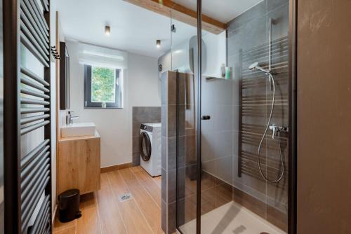 a bathroom with a shower and a washing machine at Hiša pri Lipi in Pristava pri Mestinju