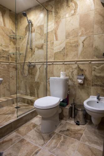 a bathroom with a toilet and a shower and a sink at Guest Rooms Old Captain in Burgas