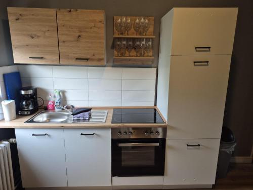 a small kitchen with a stove and a refrigerator at Flensburg City 4 1 in Flensburg