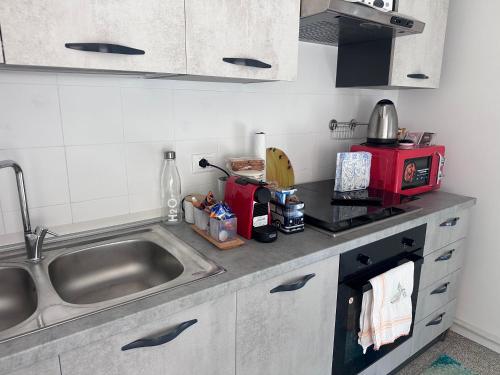 a kitchen counter with a sink and a microwave at ARIEL'S house in San Benedetto del Tronto