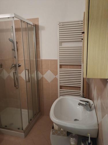 a bathroom with a glass shower and a sink at levIole in Belfiore