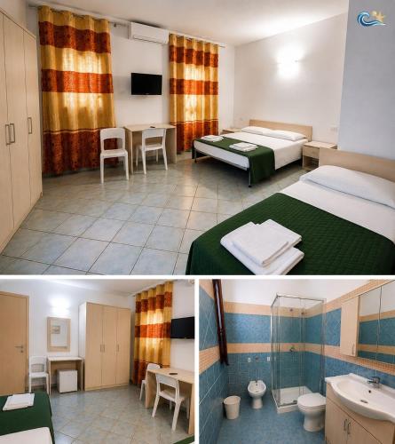 a hotel room with two beds and a bathroom at Albergo Villamarina in Santa Teresa Gallura