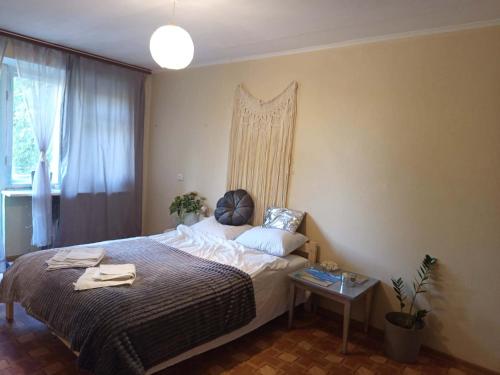 a bedroom with a bed with a headboard and a table at Квартира над Парусом in Zhmerynka