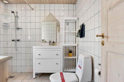 a bathroom with a toilet and a sink and a mirror at FY222-Otterup-Klovervaenget-13 in Otterup
