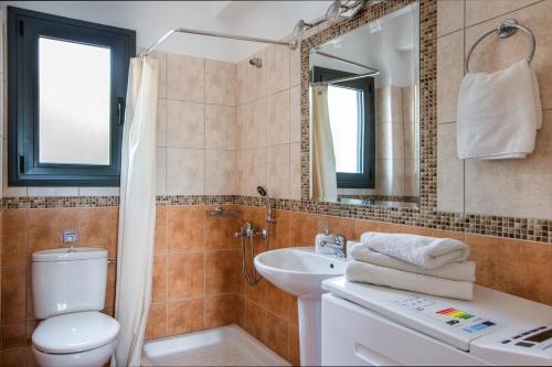 a bathroom with a sink and a toilet and a mirror at Aphrodite Blue in Trapezaki