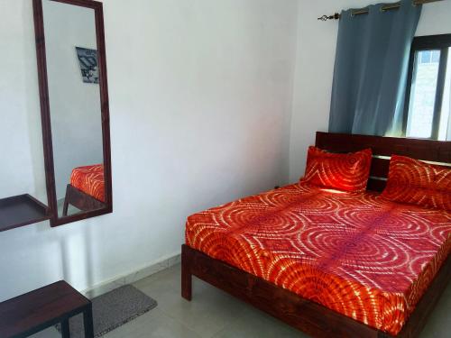 a bedroom with a bed and a mirror at Le Poulagou in Saint-Louis