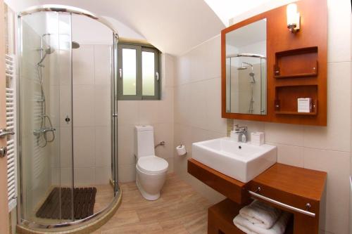 a bathroom with a toilet and a sink and a shower at Trapezaki Queen Villa in Trapezaki