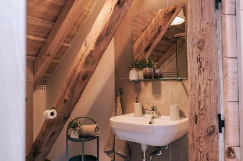 a bathroom with a sink and a mirror at Tajna Bazia in Nidzica