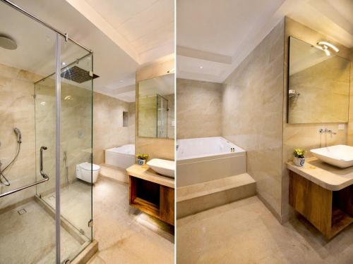 two pictures of a bathroom with a shower and a sink at Evara-Meraki Inn in Kolkata