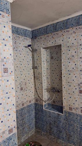 a bathroom with a shower with blue tiled walls at Stara Praha Loft Rooms in Uzhhorod